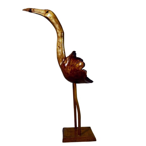 Burl Wood Folk Art Hand-Carved Wooden Egret Crane Water Bird Sculpture Nautical - Picture 2 of 6
